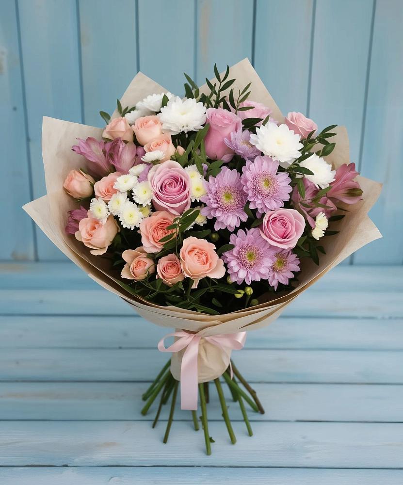 Букет цветов из: Хризантемы, Розы и Альстромерии в Буланаше