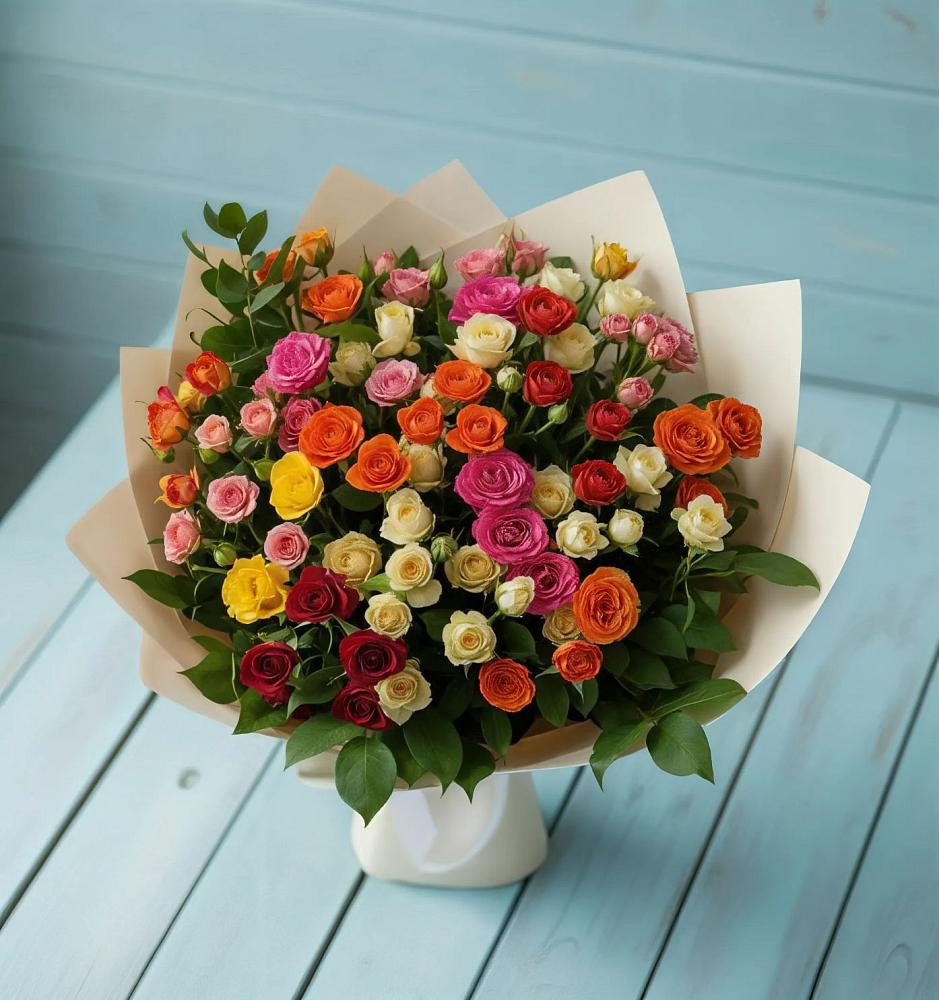 Букет Микс из разноцветных кустовых роз в Буланаше