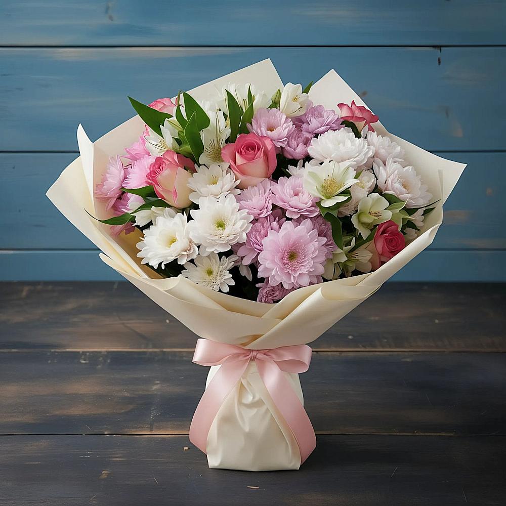 Букет цветов из: Хризантемы, Альстромерии и Розы в Буланаше